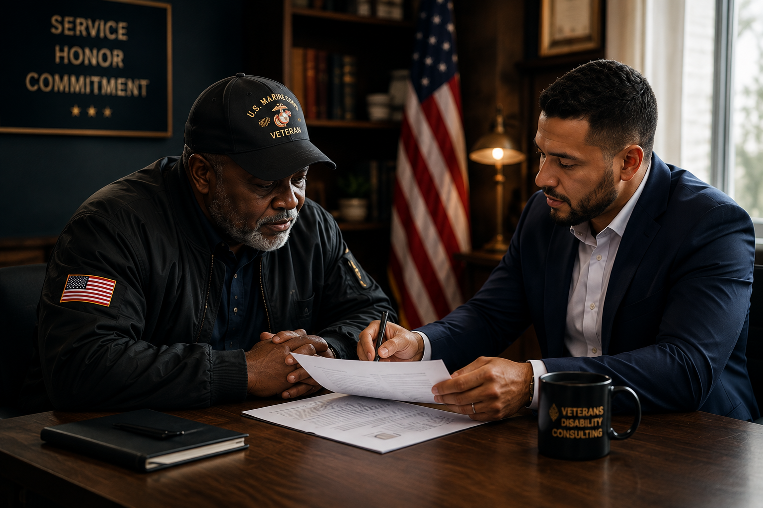 A one-on-one consultation reviewing VA claim documents across a desk