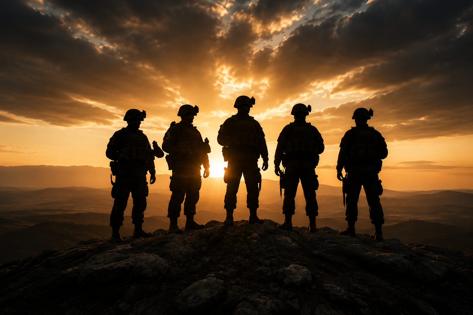 Silhouettes of service members standing together at sunset