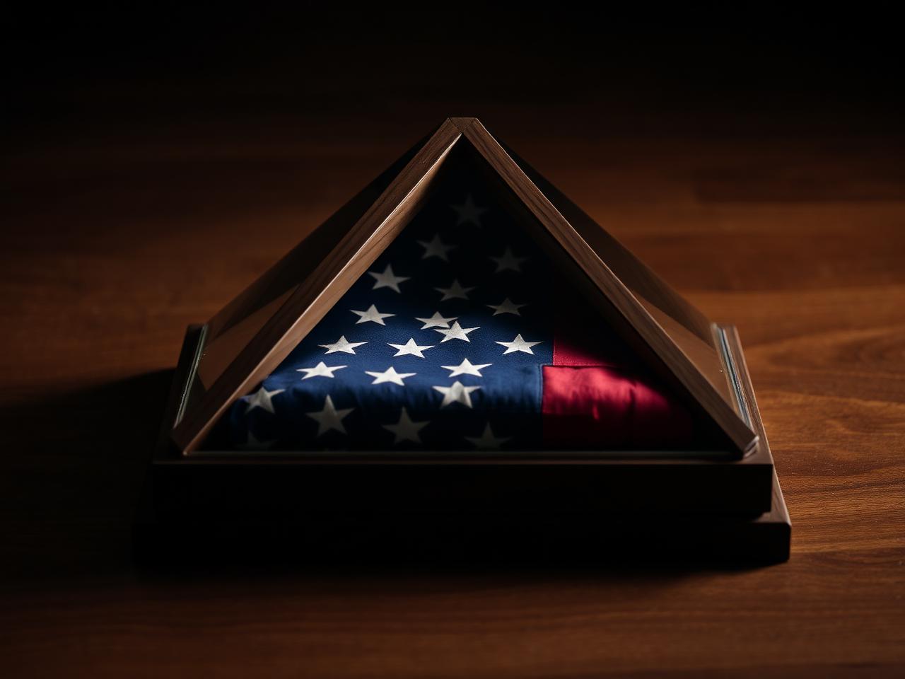 A folded American flag preserved in a wooden display case